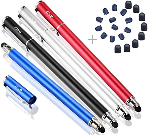 Product Cover Bargains Depot Capacitive Stylus/Styli 2-in-1 Universal Stylus Pens for All Touch Screen Tablets/Cell Phones with 20 Extra Replaceable Soft Rubber Tips (4 Pieces, Black/Red/Silver/Blue)