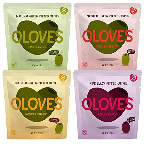 Product Cover OLOVES Natural Whole Pitted Olives | 12 Pack Variety | Basil & Garlic, Chili & Oregano, Lemon & Rosemary, Chili & Garlic | Vegan, Kosher, Gluten Free + Keto Friendly Healthy Snacks