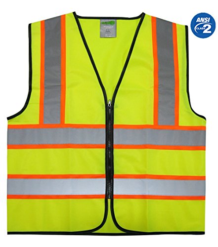 Product Cover GripGlo Reflective Safety Vest, Bright Neon Color with 2 Inch Reflective Strips - Orange Trim - Zipper Front, Large