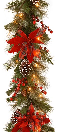 Product Cover National Tree 9 Foot by 12 Inch Decorative Collection Tartan Plaid Garland with Red Berries, Cloth Poinsettia, Cones and 50 Battery Operated Warm White LED Lights (DC13-147-9BB-1)