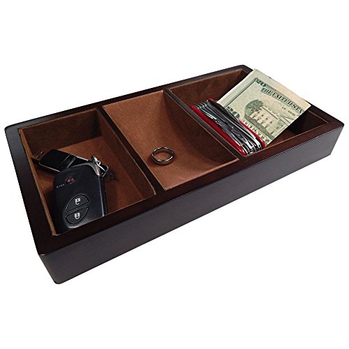 Product Cover Profile Gifts Woltar Wooden Valet Tray with 3 Compartment Leatherette Organizer Box for Wallets, Coins, Keys, and Jewelry