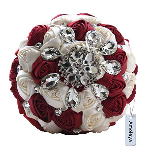 Product Cover Amoleya 7 Inch Customization Romantic Burgundy Wedding Bride Holding Bouquet with Satin Roses and Rhinestones