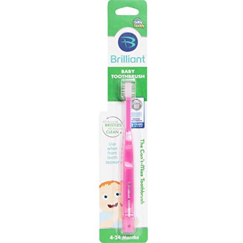 Product Cover Brilliant Baby Toothbrush by Baby Buddy - for Ages 4-24 Months, BPA Free Super-Fine Micro Bristles Clean All-Around Mouth, Kids Love Them, Pink, 1 Count
