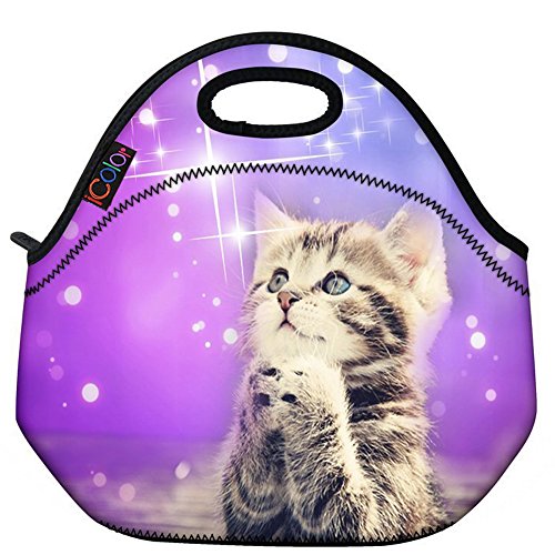 Product Cover ICOLOR Cute Cat Girls Insulated Neoprene Lunch Bag Tote Handbag lunchbox Food Container Gourmet Tote Cooler warm Pouch For School work Office