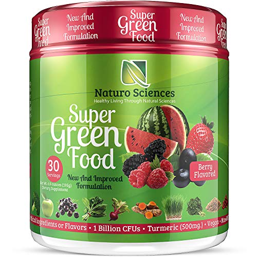 Product Cover 100% Natural Greens Powder, Over 10 Hard to Get Superfoods, Greens Supplement Powder 1 Month's Supply, Green Organic Blend with 1 Billion CFU Probiotics and 500mg Turmeric, Berry Flavor