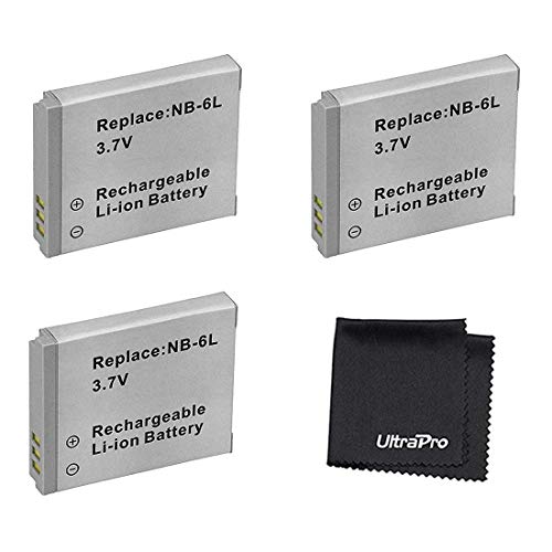 Product Cover 3-Pack NB-6L / NB-6LH High-Capacity Replacement Batteries for Select Canon Digital Cameras. UltraPro Bundle Includes: Deluxe MicroFiber Cleaning Cloth