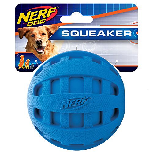 Product Cover Nerf Dog Rubber Ball Dog Toy with Checkered Squeaker, Lightweight, Durable and Water Resistant, 4 Inch Diameter for Medium/Large Breeds, Single Unit, Blue