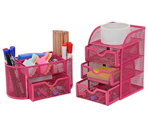 Product Cover PAG Office Supplies Mesh Desk Organizer Set Pen Holder Accessories Storage Caddy with Drawer, Rose