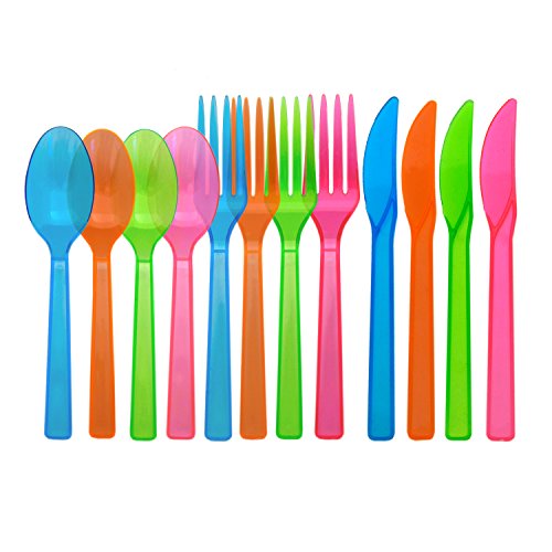Product Cover Party Essentials Hard Plastic Cutlery Combo Pack, 288 Pieces/96 Place Settings, Assorted Neon Brights