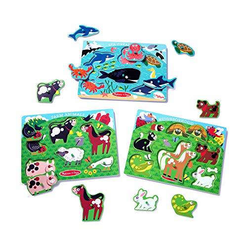Product Cover Melissa & Doug Peg Puzzles Set, Farm Animals, Pets, Ocean (Developmental Toy, Easy to Grasp, 3 Peg Puzzles, Animal Illustrations, 6 Pieces in Each)