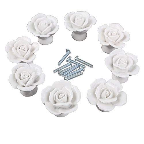 Product Cover CSKB White Flower Rose Door Knobs + Screw Floral Vintage Ceramic Kitchen Pull Handle Knob Home Modern Style Cupboard Pulls Drawer Knobs and Handles