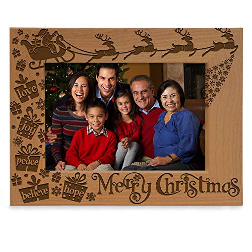 Product Cover KATE POSH Merry Christmas Love Peace Joy Believe Hope, The Magic of Christmas Family Picture Frame. Santa, Reindeer and Sleigh Decor. Engraved Natural Wood Photo Frame (5x7-Horizontal)