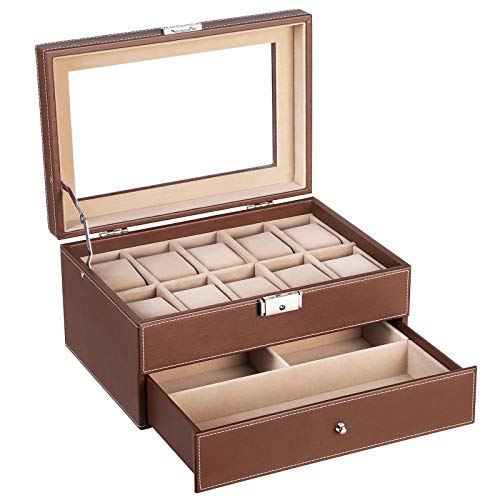 Product Cover SONGMICS Brown Watch Box Faux Leather Jewelry Case Watch Display Oraganizer Glass Top Lockable UJWB007
