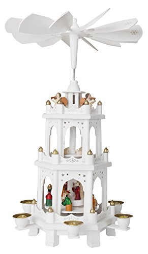 Product Cover BRUBAKER Christmas Pyramid - 18 Inches - White - Wooden Nativity Play - 3 Tier Carousel with 6 Candle Holders - Designed in Germany