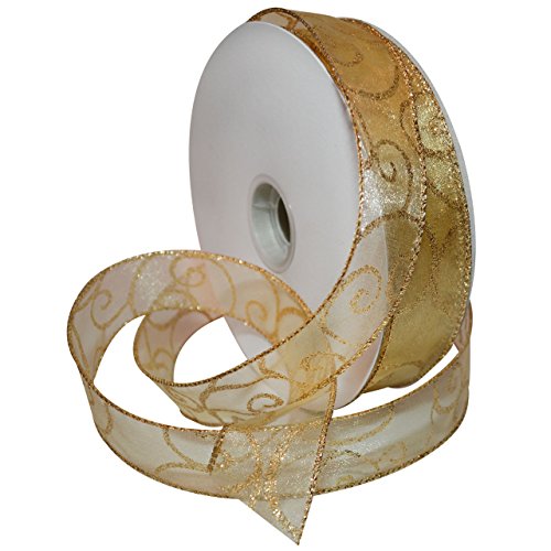 Product Cover Morex Ribbon Swirl Wired Sheer Glitter Ribbon 1-1/2 inch by 50 yards, Gold