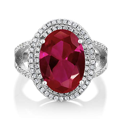 Product Cover Gem Stone King 925 Sterling Silver Red Created Ruby Women's Cocktail Ring (7.19 Carat, Oval 14X10MM)