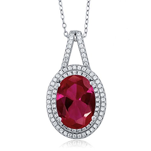 Product Cover Gem Stone King Sterling Silver Oval Red Created Ruby Women's Pendant Necklace (6.95 cttw, with 18 Inch Silver Chain)