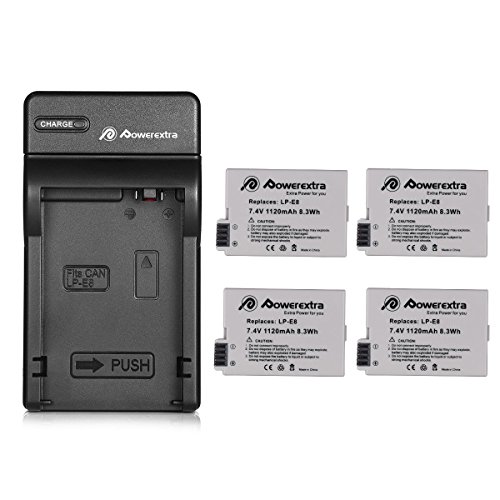 Product Cover Powerextra 4 Pack Replacement Canon LP-E8 Battery Compatible with Canon Rebel T5i T4i T3i T2i DSLR Digital Camera with Charger for Canon LP-E8 Replacement of LC-E8E
