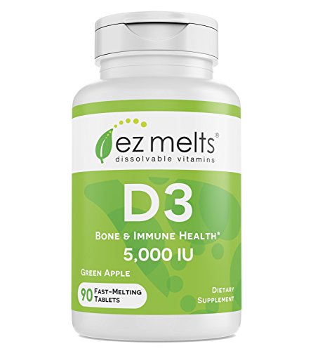 Product Cover EZ Melts D3 as Cholecalciferol, 5,000 IU, Sublingual Vitamins, Vegetarian, Zero Sugar, Natural Apple Flavor, 90 Fast Dissolve Tablets
