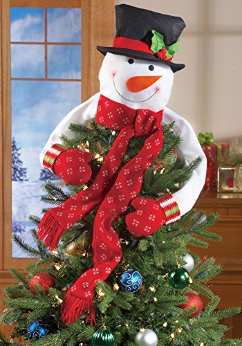 Product Cover Collections Etc Christmas Hugging Snowman Tree Topper with Red Mittens and Draping Red Scarf - Festive Christmas Tree Decoration