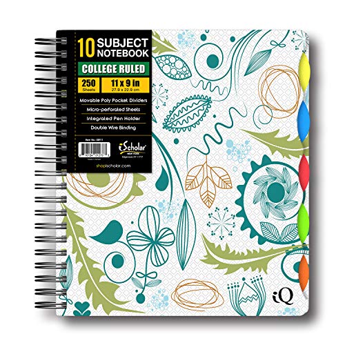 Product Cover iScholar IQ Poly Cover 10 Subject Notebook, Double Wired, 11 x 8.5 Inches, 250 Sheets, Assorted Bright Cover Designs, Design Will Vary (58911)