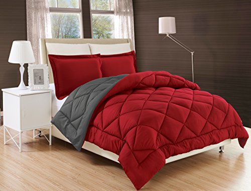 Product Cover Elegance Linen Silky Soft Goose Down Alternative Reversible 3-Piece Comforter Set, Full/Queen, Red/Gray