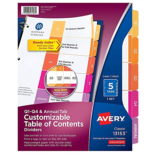 Product Cover Avery Ready Index Table of Contents Quarterly Dividers, 5-Tabs per Set, Quarter 1-4 and Annual (13153)