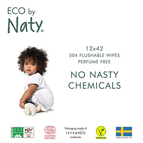 Product Cover Eco by Naty Thick Flushable Baby Wipes for Sensitive Skin, Unscented, Hypoallergenic, Biodegradable and Compostable, 12 Packs of 42 (504 Count)