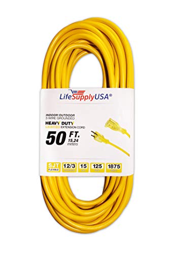 Product Cover LifeSupplyUSA 12/3 50ft SJTW 15 Amp 125 Volt 1875 Watt 3 Prong Lighted End Indoor/Outdoor Heavy Duty Extension Cord (50 Feet)