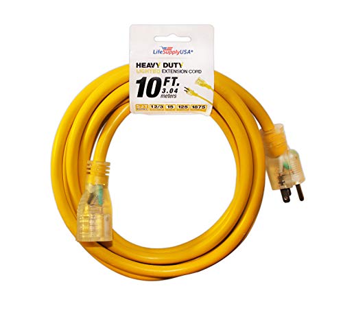 Product Cover LifeSupplyUSA 12/3 10ft 125 Volt 15 AMP SJT LIGHTED Extension Cord EXTRA THICK for Indoor + Outdoor use (10 feet)