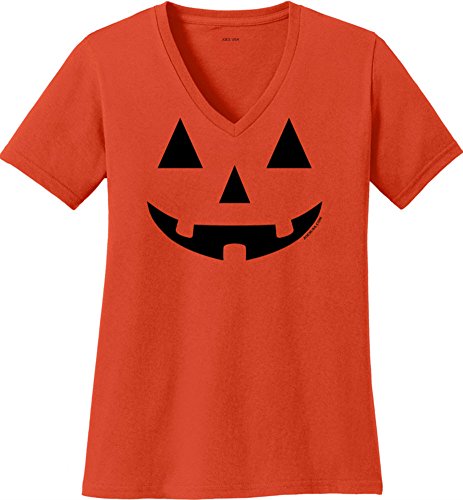 Product Cover Jack O' Lantern Pumpkin Ladies Orange V-Neck Shirt-M