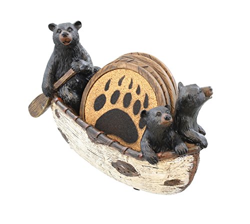 Product Cover LL Home 3 Black Bears Canoeing Coaster Set - 4 Coasters Rustic Cabin Canoe Cub Decor