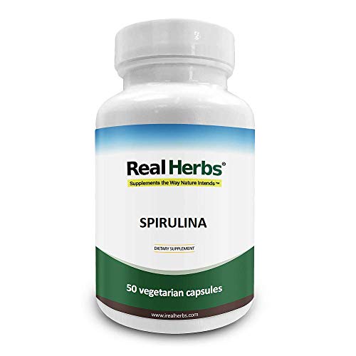 Product Cover Real Herbs Spirulina 750mg - Also Known as Blue Green Algae Powder - Highest Dosage Per Cap on Amazon, Supports Immune Function, Improves Overall Health - 50 Vegetarian Capsules