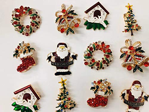 Product Cover Set of 12 Vintage Christmas Brooch Lot/ Holiday Brooch / Christmas Tree/ Snowman/ Xmas Pin Lot / Party Favor/ Rhinestone Christmas