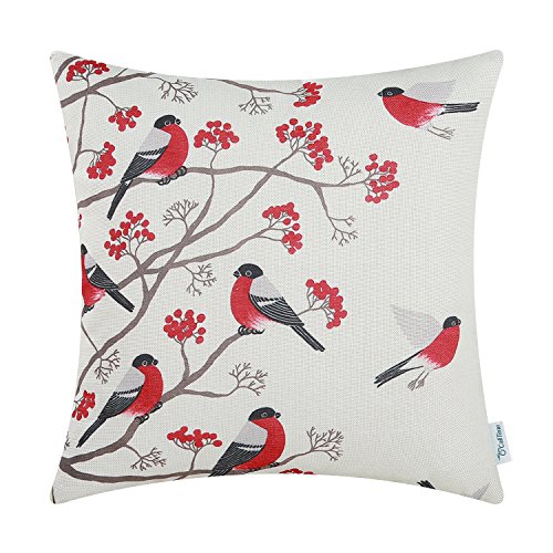 Product Cover CaliTime Canvas Throw Pillow Cover Case for Couch Sofa Home Decoration Chickadees Birds with Red Floral Tree Branches 18 X 18 Inches Red Birds