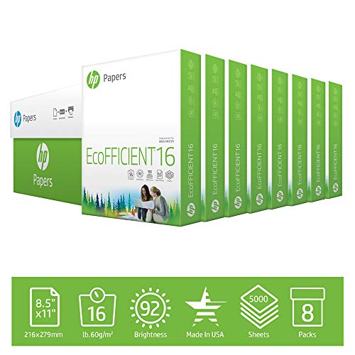 Product Cover HP Printer Paper EcoFFICIENT 16 lb, 8.5 x 11, 8 Ream Case, 5,000 Sheets, Made in USA, Forest Stewardship Council Certified Resources, 92 Bright, Acid Free, Engineered for HP Compatibility, 216000C