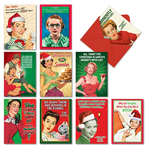 Product Cover NobleWorks, Naughty is Nice - 10 Adult Funny Christmas Cards Boxed - Vintage, Retro Assorted Xmas Cards for Women, Wife A1255