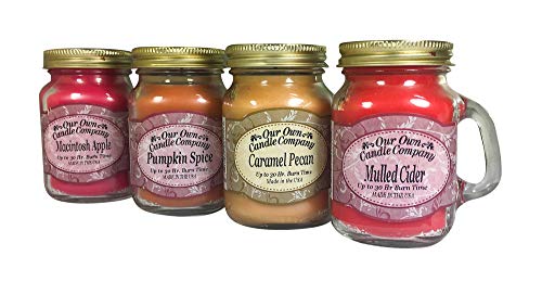 Product Cover Our Own Candle Company 4 Pack Fall Assortment Mini Mason Jar Candles - 3.5 Oz Caramel Pecan, 3.5 Oz Mulled Cider, 3.5 Oz Pumpkin Spice, 3.5 Oz Macintosh Apple