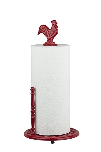 Product Cover Home Basics Cast Iron Rooster Paper Towel Holder Dispenser Stand, Easy One-Handed Tear for Kitchen Countertop - Standard Paper Towel Roll, Weighted Base and Anti-Slip, Red