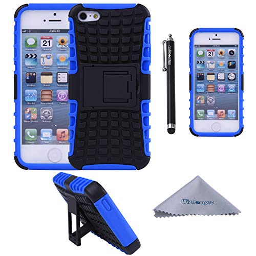 Product Cover iPhone SE Case, iPhone 5s, 5 Case, Wisdompro 2 Piece in 1 Dual Layers Heavy Duty Hard Soft Hybrid Rugged Protective Case with Foldable Kickstand for Apple iPhone 5/5s/SE - Blue/Black