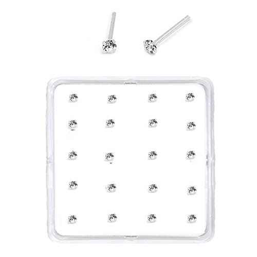 Product Cover Sterling Silver Set of 20 Clear Simulated Diamond Nose Stud Box 1.8 mm Straight