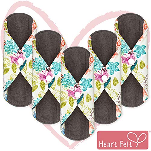 Product Cover Sanitary Reusable Cloth Menstrual Pads by Heart Felt. 5 Pack Washable Natural Organic Napkins with Charcoal Absorbency Layer. Overnight Medium Panty Liners for Comfort Support and Incontinence