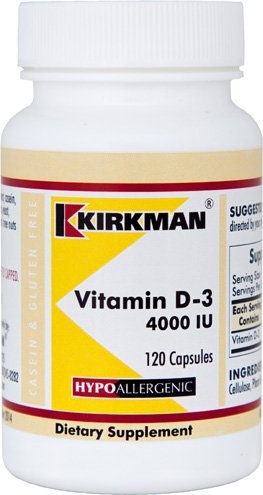 Product Cover Kirkman Vitamin D-3 4000 IU - Hypoallergenic || 120 Vegetarian Capsules || Gluten Free || Casein Free || Capsules are Plant Based