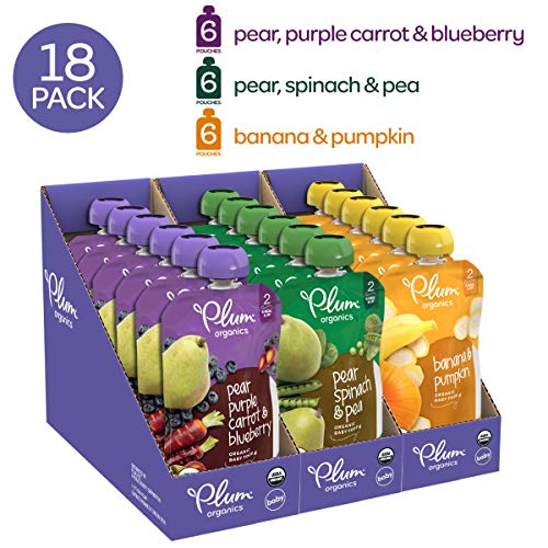 Product Cover Plum Organics Stage 2, Organic Baby Food, Fruit and Veggie Variety Pack, 4 ounce pouches (Pack of 18) (Packaging May Vary)