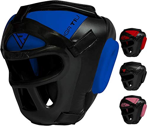Product Cover RDX Maya Hide Leather Boxing MMA Protector Headgear UFC Fighting Head Guard Sparring Helmet,Blue,Medium