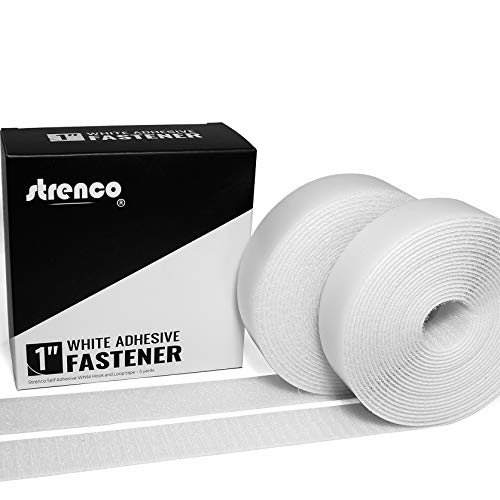 Product Cover Strenco 1 Inch Self Adhesive Hook and Loop - 5 Yard Set - White Sticky Back Tape Fastener - Light Weight