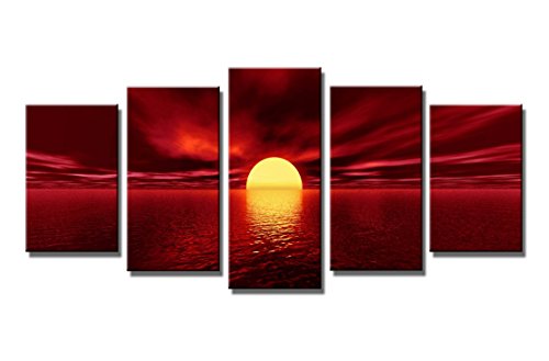 Product Cover Wieco Art Red Sun Canvas Prints Wall Art Ocean Sea Beach Pictures Paintings Ready to Hang for Living Room Bedroom Home Decorations Modern 5 Piece Stretched and Framed Grace Landscape Giclee Artwork