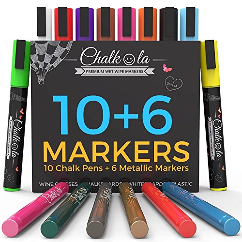Product Cover Liquid Chalk Markers & Metallic Colors by Chalkola | Pack of 16 chalk pens | For Chalkboard, Whiteboard, Blackboard, Window, Glass, Bistro | 6mm Reversible Bullet & Chisel Tip Erasable Ink
