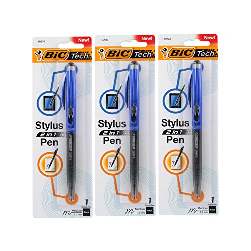 Product Cover BIC Tech 2 in 1 Retractable Ball Pen and Stylus, Medium Point, 1.0mm, Black Ink - Pack of 3 (Blue Barrel)