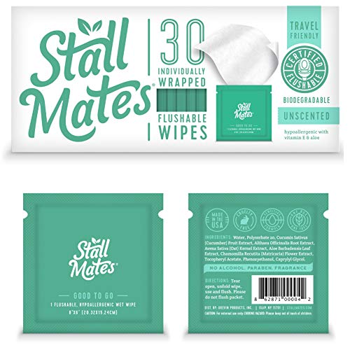 Product Cover Stall Mates: Flushable, Individually Wrapped Wipes for Travel. Unscented with Vitamin-E & Aloe, 100% Biodegradable (30 on-The-go Singles)